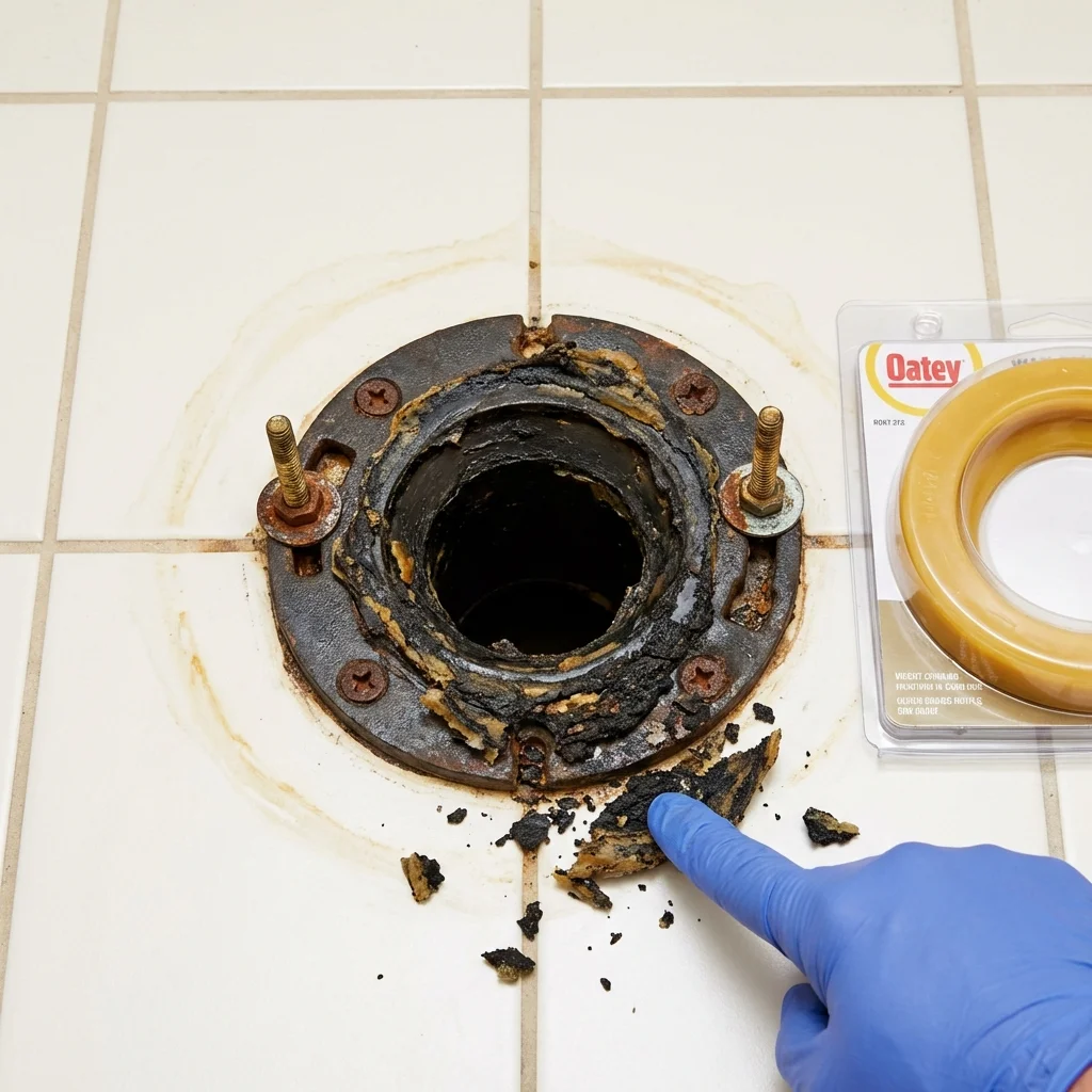 Failed wax ring showing water seepage at the base of a toilet in a Marion, NC home