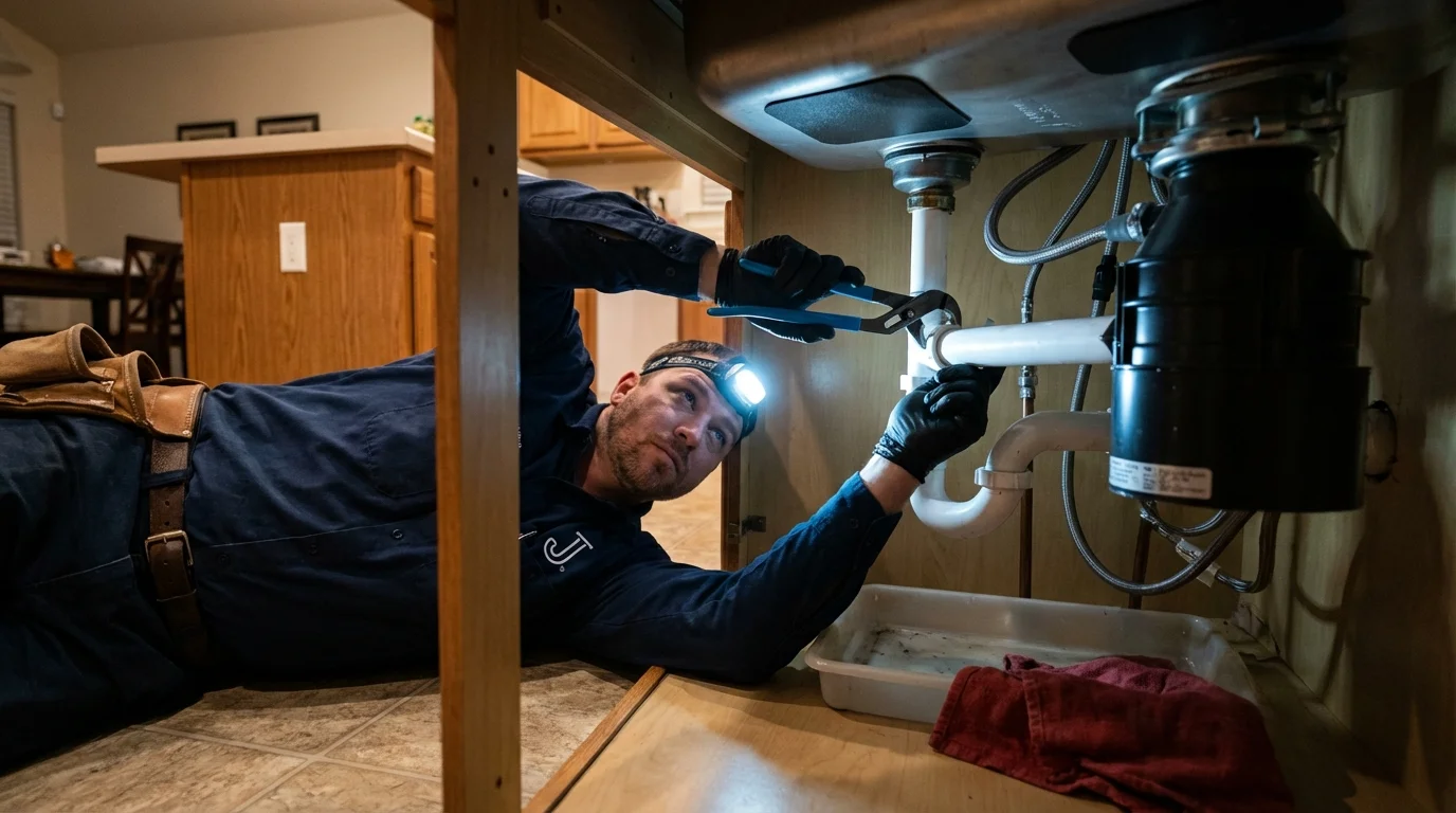 P-trap and supply line connections under a kitchen sink showing a common leak point in Marion, NC